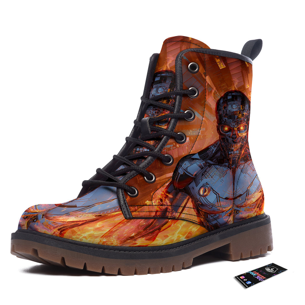 Fire Skeleton Robot Print Work Boots-grizzshop