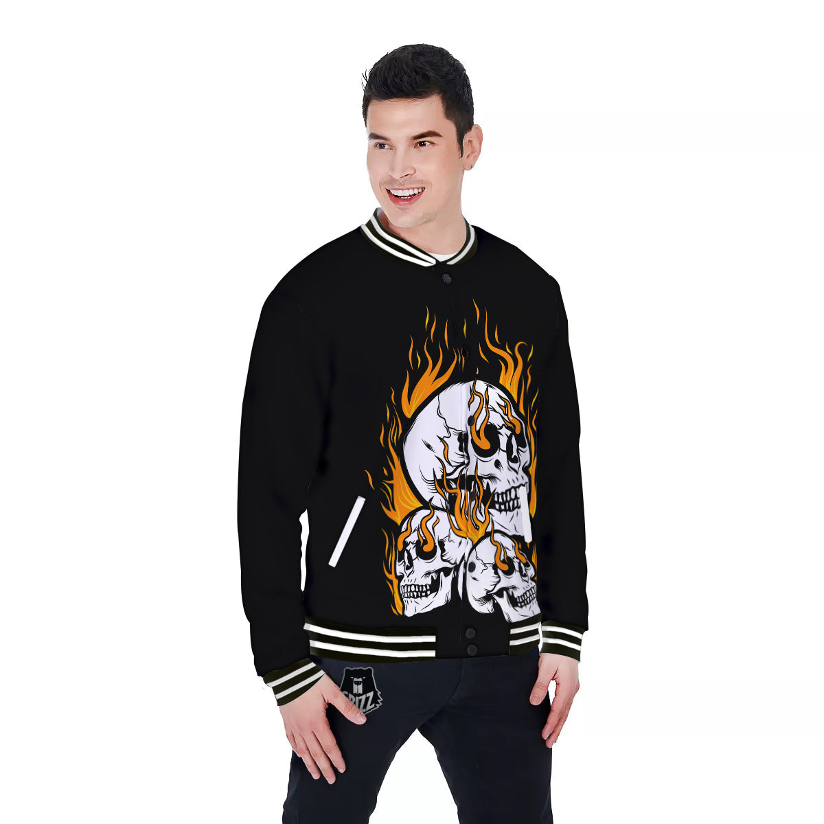 Fire Skull Head Print Baseball Jacket-grizzshop