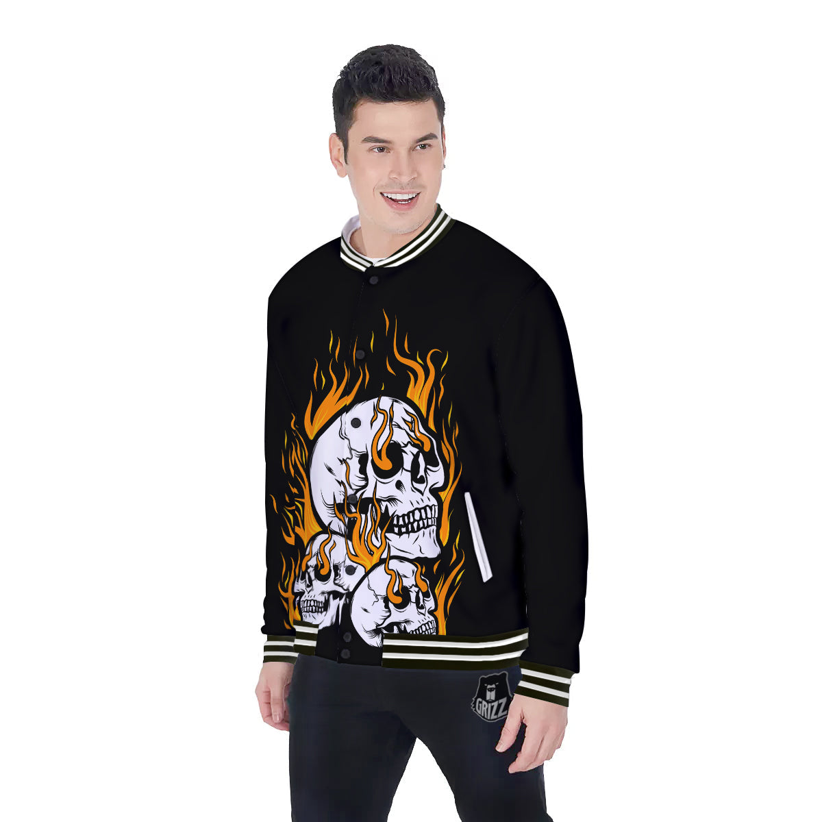 Fire Skull Head Print Baseball Jacket-grizzshop