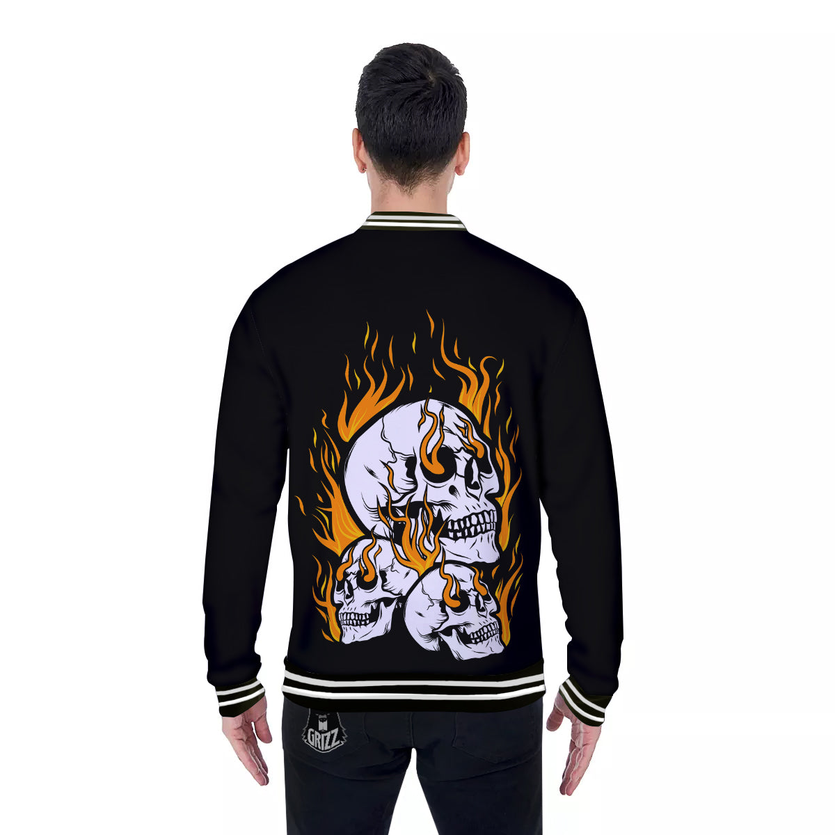 Fire Skull Head Print Baseball Jacket-grizzshop