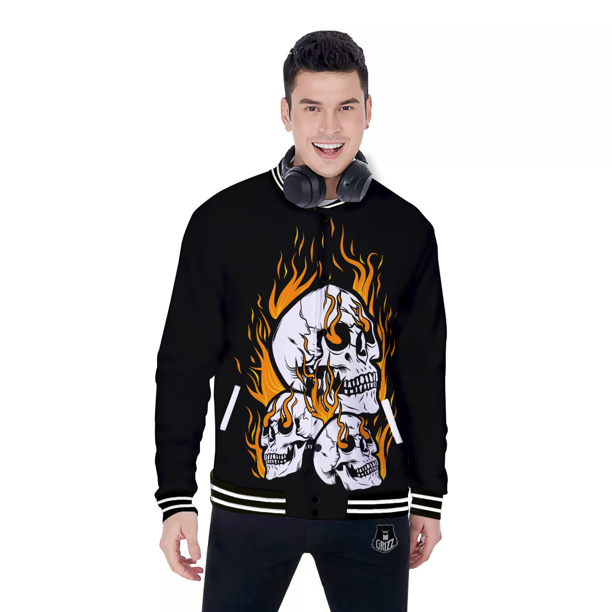 Fire Skull Head Print Baseball Jacket-grizzshop