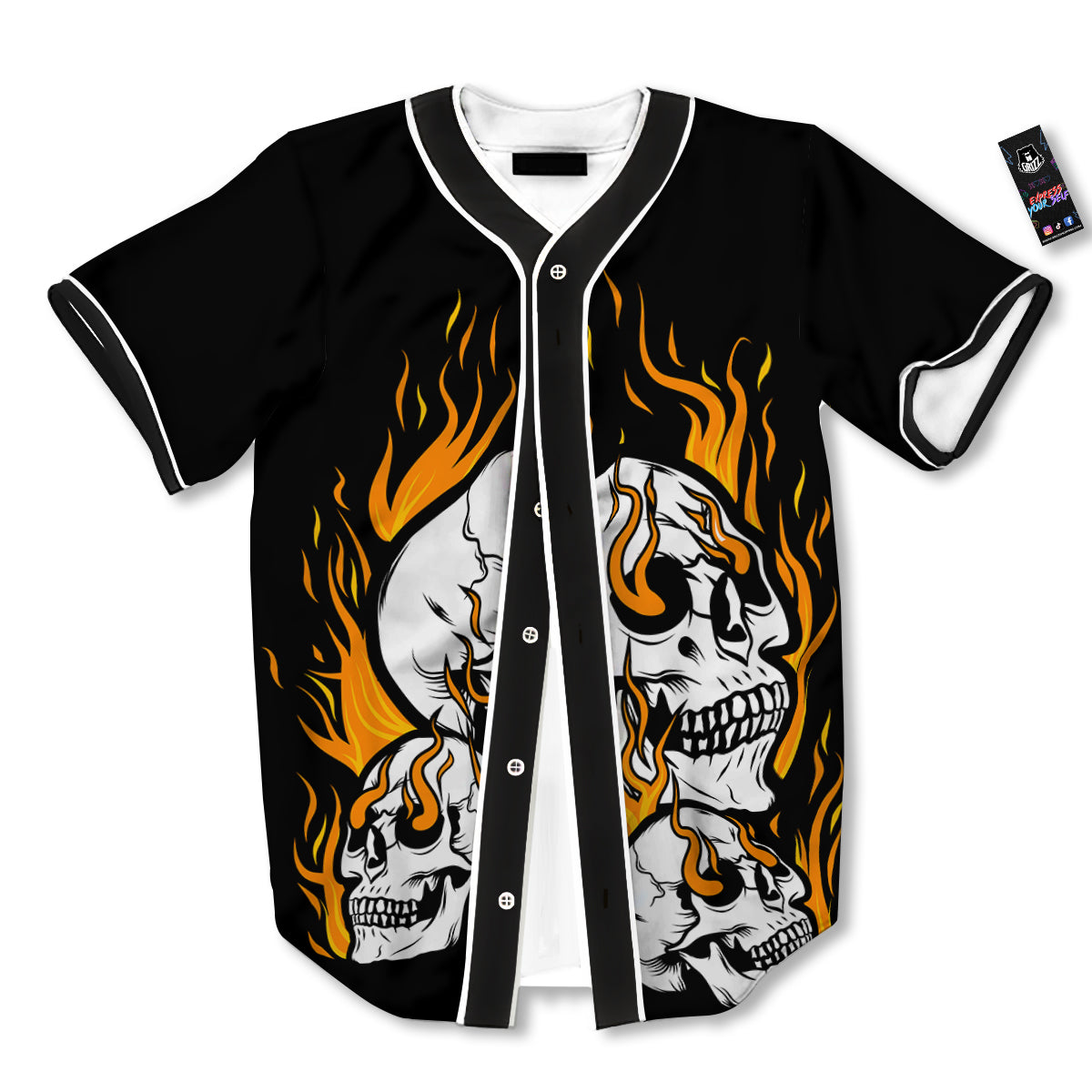 Fire Skull Head Print Baseball Jersey-grizzshop