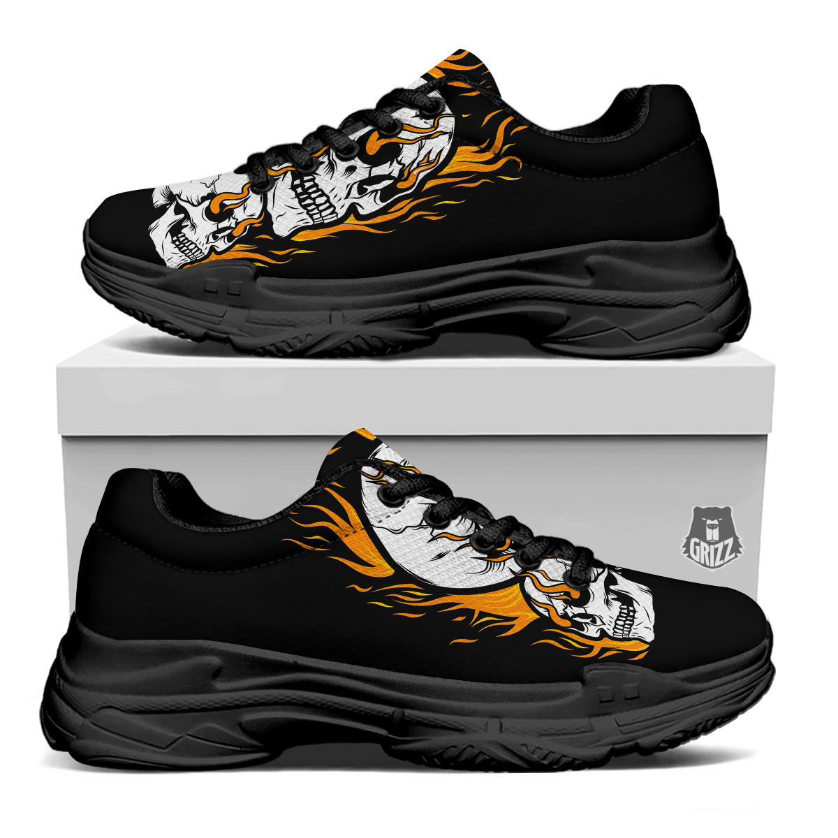 Fire Skull Head Print Black Chunky Shoes-grizzshop