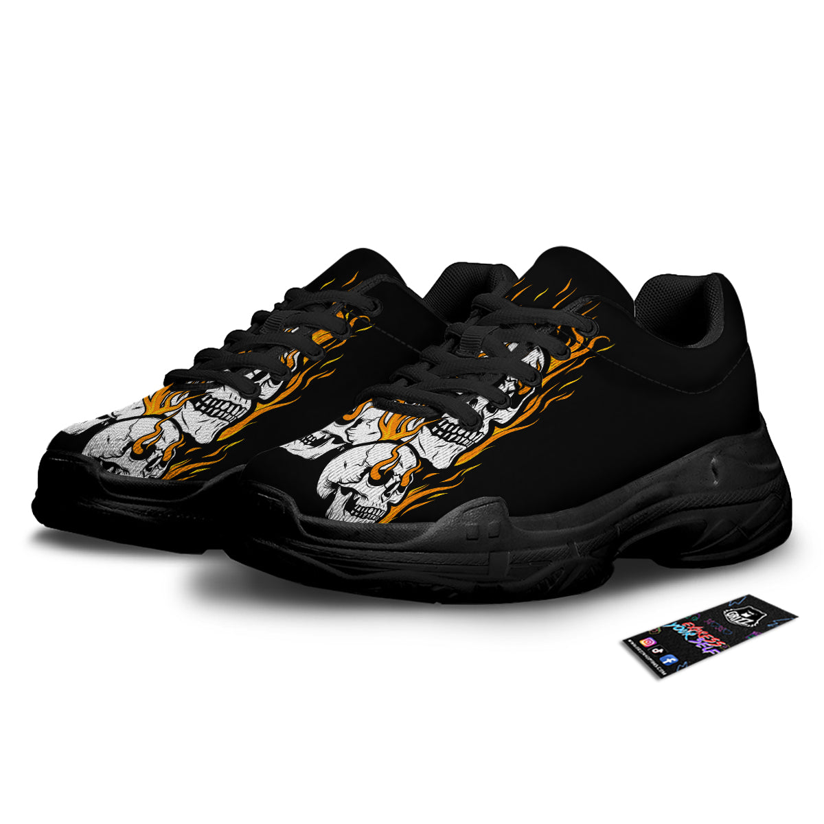 Fire Skull Head Print Black Chunky Shoes-grizzshop