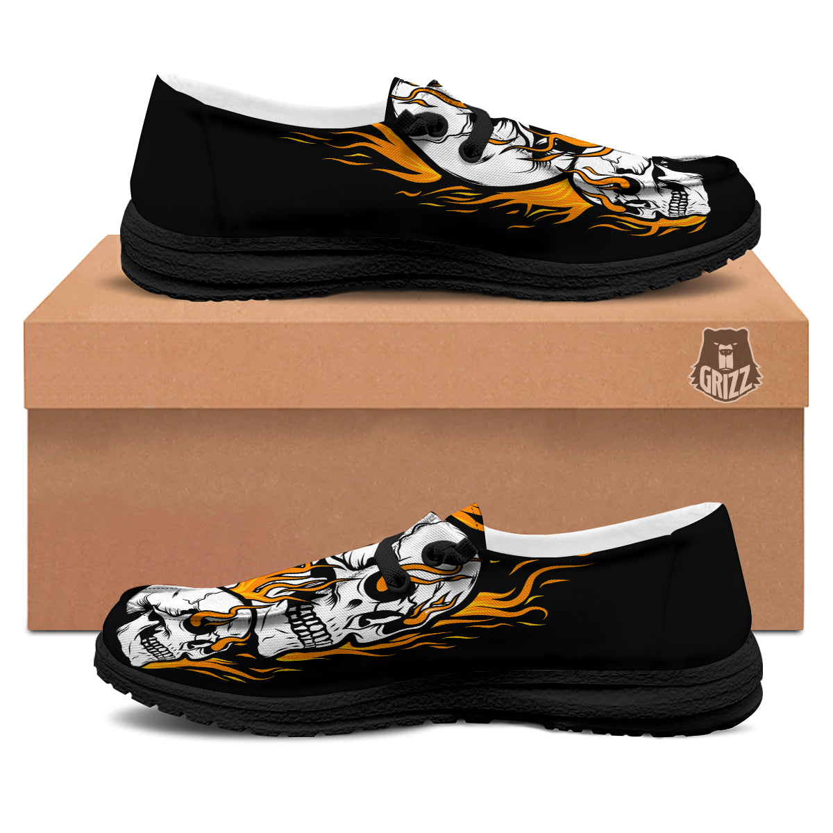 Fire Skull Head Print Black Loafers-grizzshop