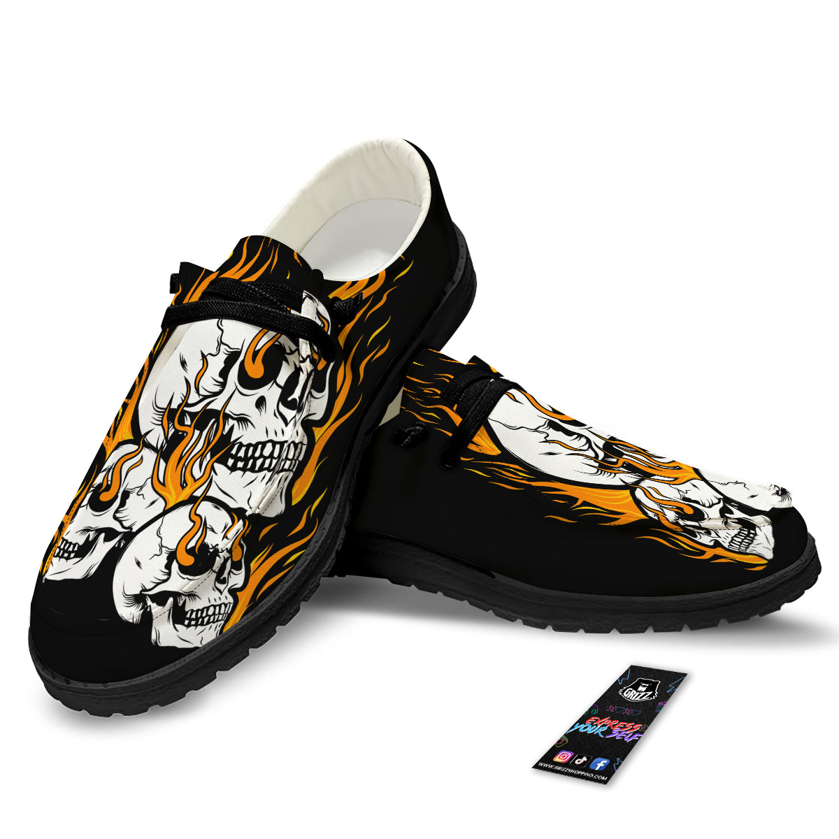 Fire Skull Head Print Black Loafers-grizzshop