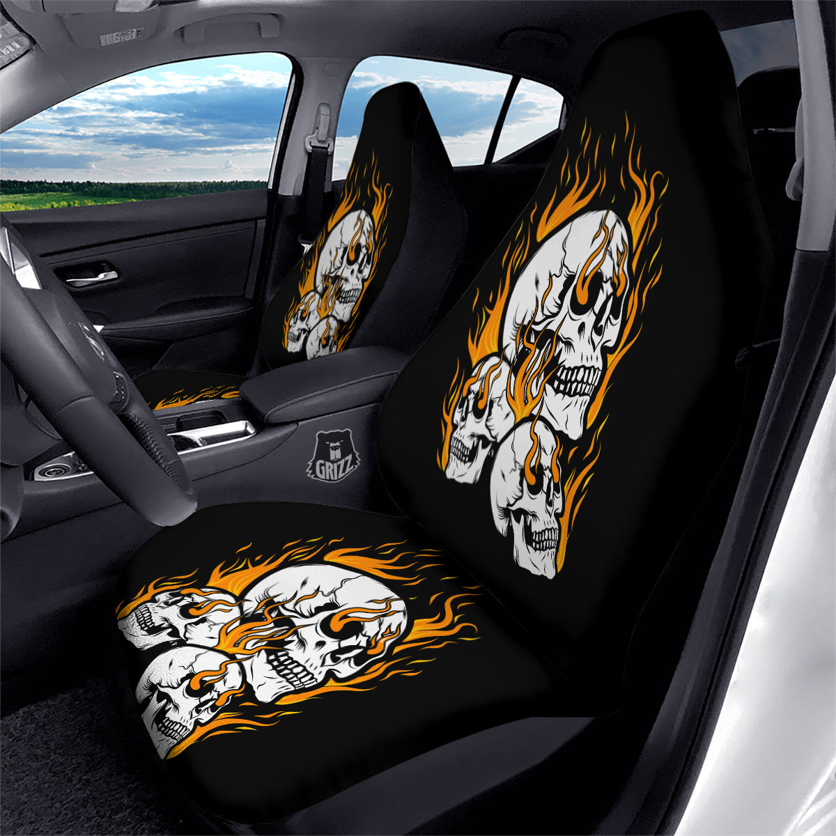 Fire Skull Head Print Car Seat Covers-grizzshop