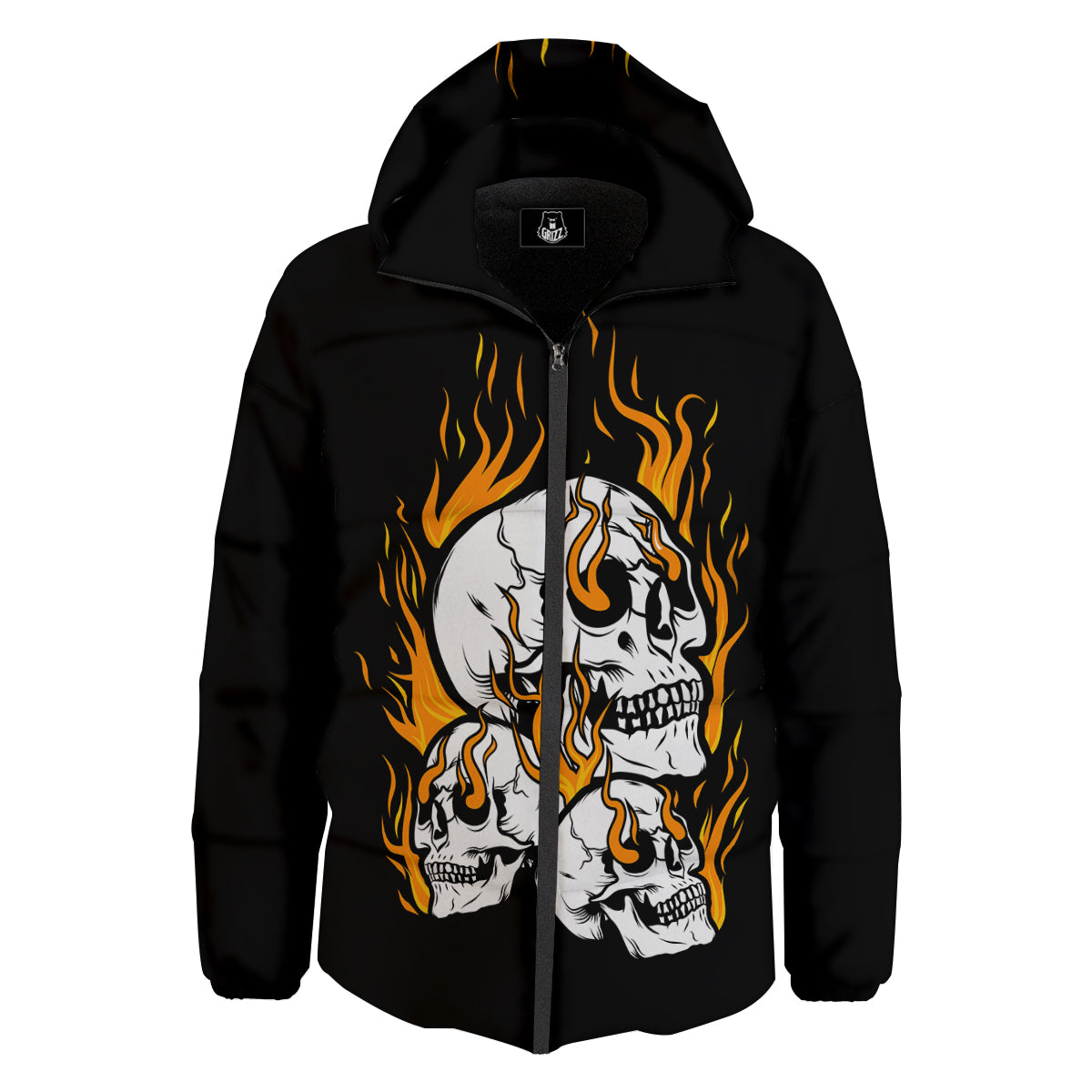 Fire Skull Head Print Down Jacket-grizzshop