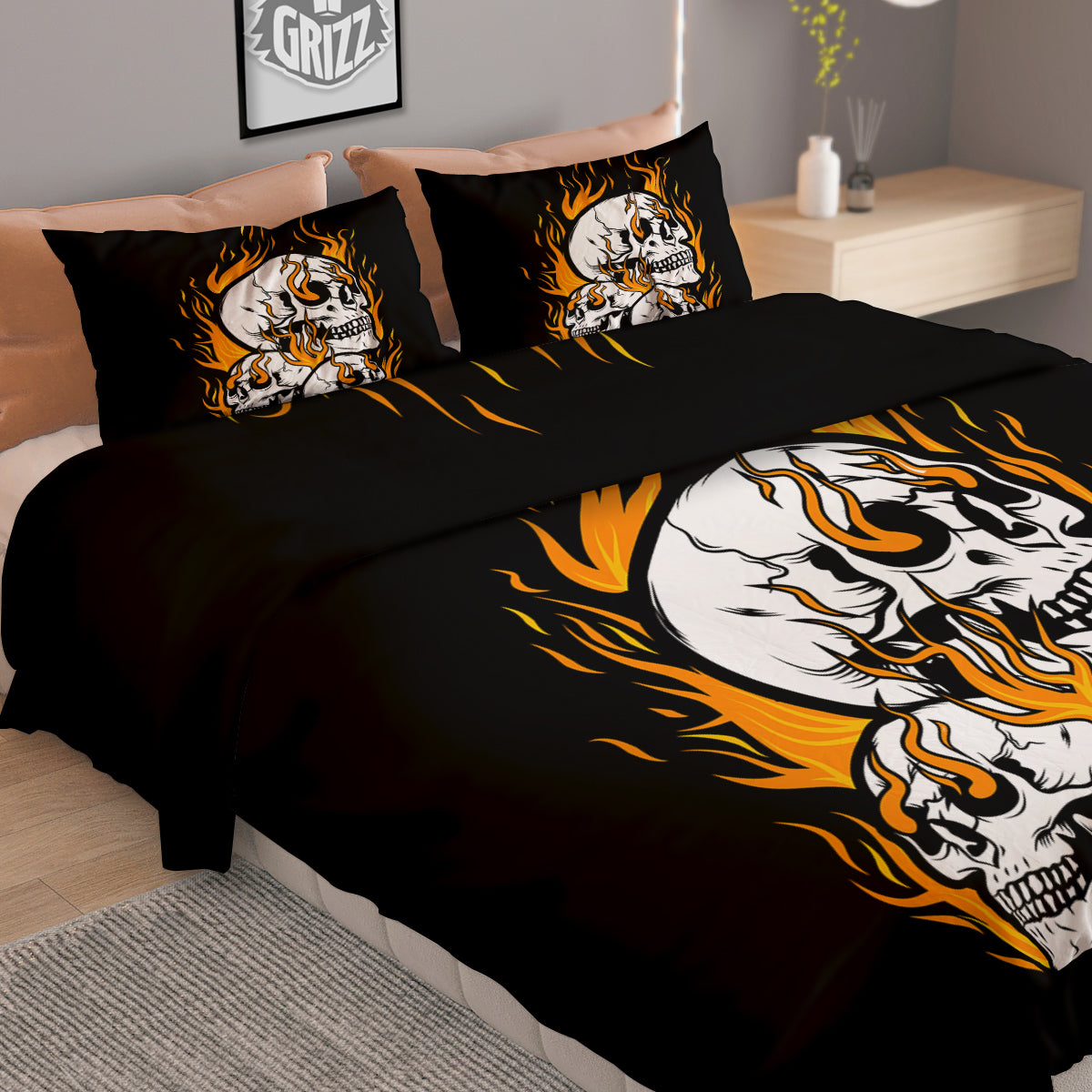 Fire Skull Head Print Duvet Cover Bedding Set