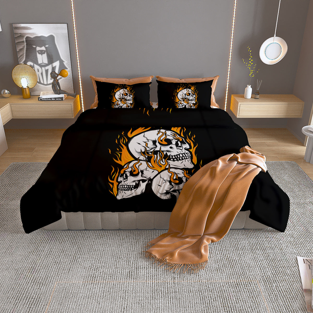 Fire Skull Head Print Duvet Cover Bedding Set