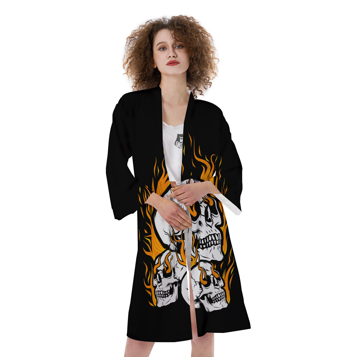Fire Skull Head Print Kimono-grizzshop