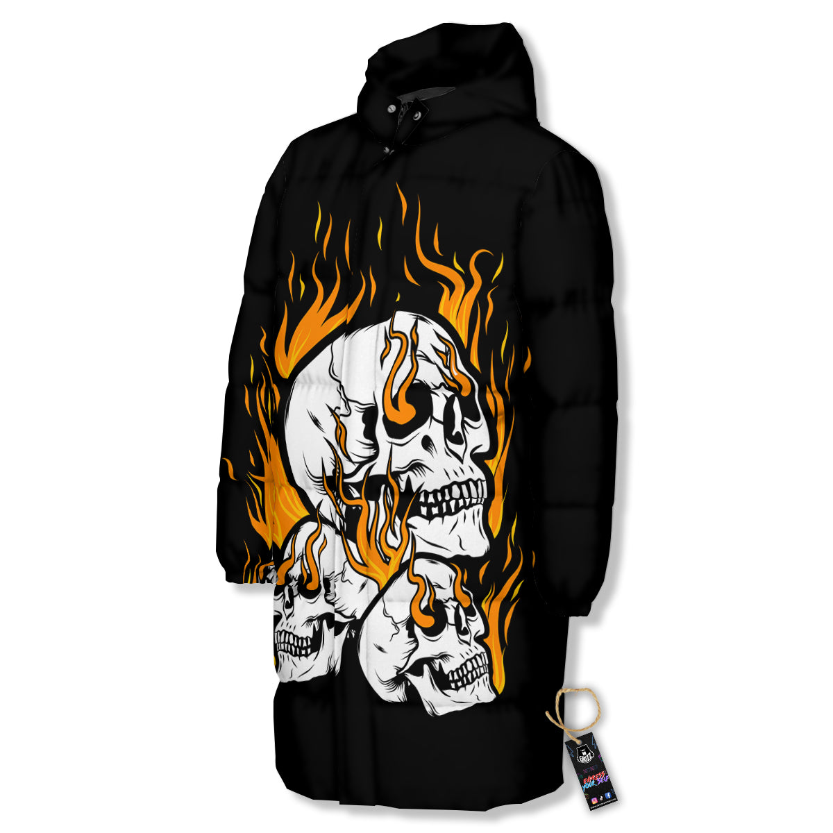 Fire Skull Head Print Long Down Jacket-grizzshop