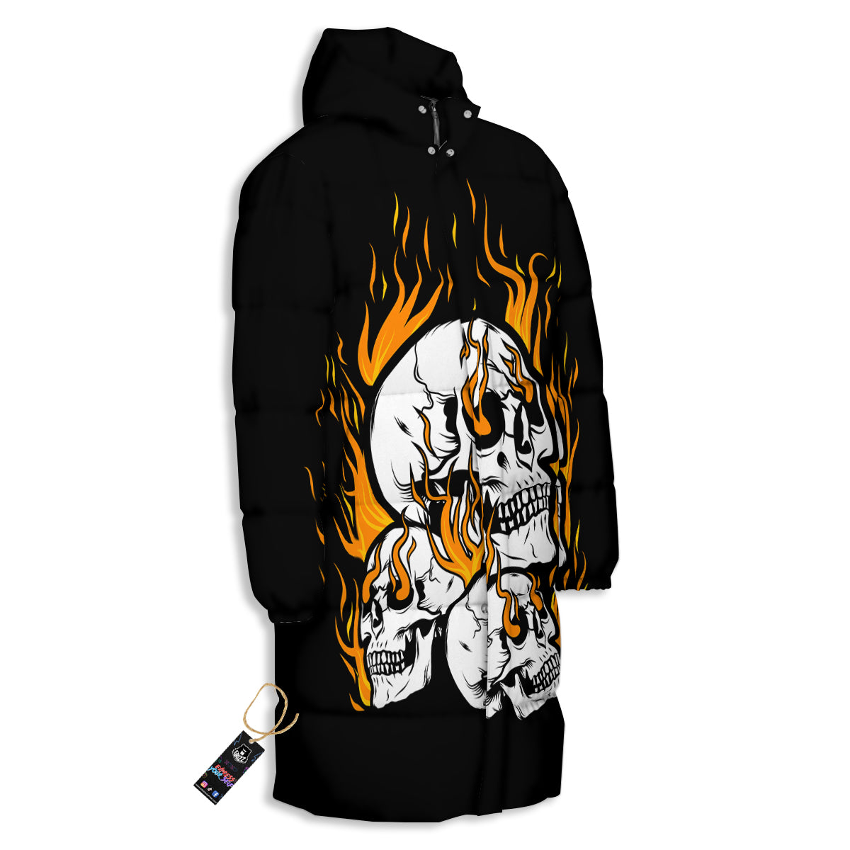 Fire Skull Head Print Long Down Jacket-grizzshop