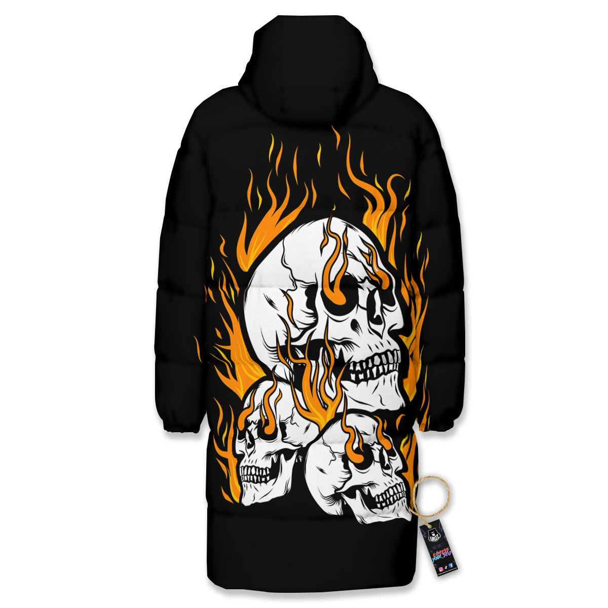 Fire Skull Head Print Long Down Jacket-grizzshop