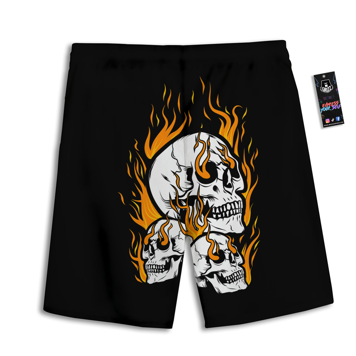 Fire Skull Head Print Men's Athletic Shorts