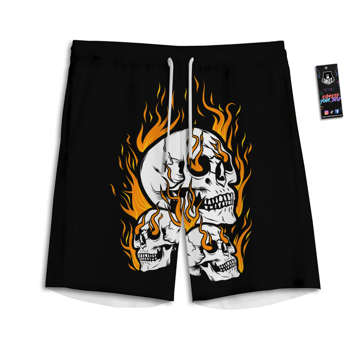 Fire Skull Head Print Men's Athletic Shorts