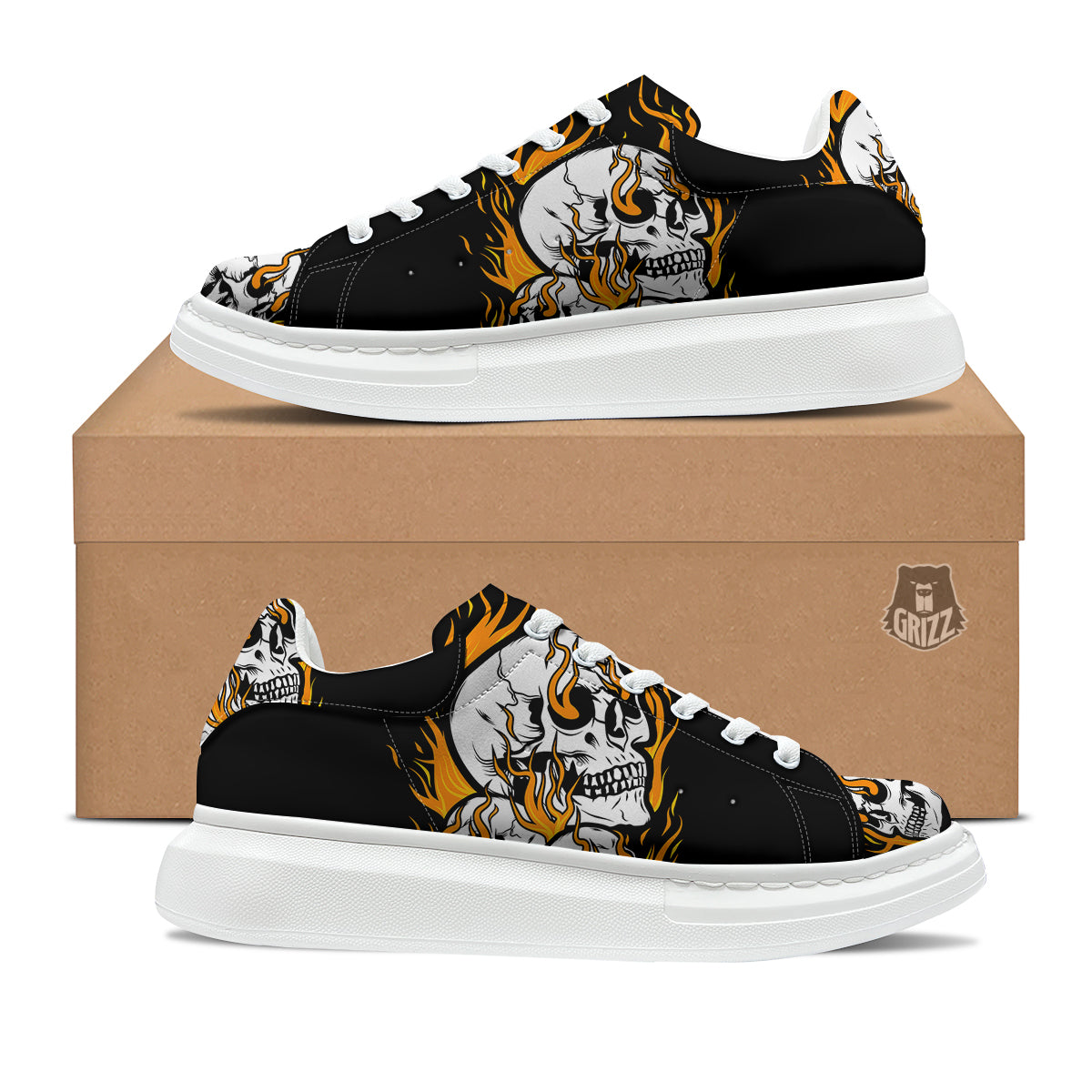 Fire Skull Head Print Platform Shoes-grizzshop