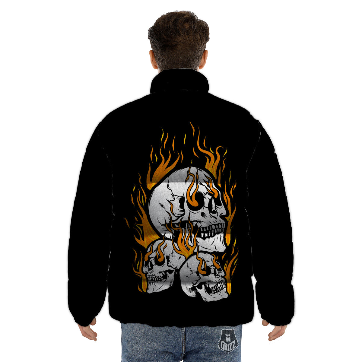 Fire Skull Head Print Puffer Jacket-grizzshop
