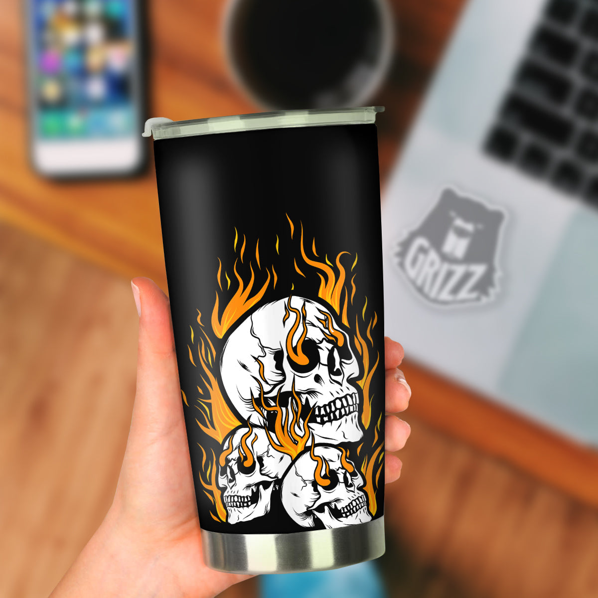 Fire Skull Head Print Tumbler-grizzshop