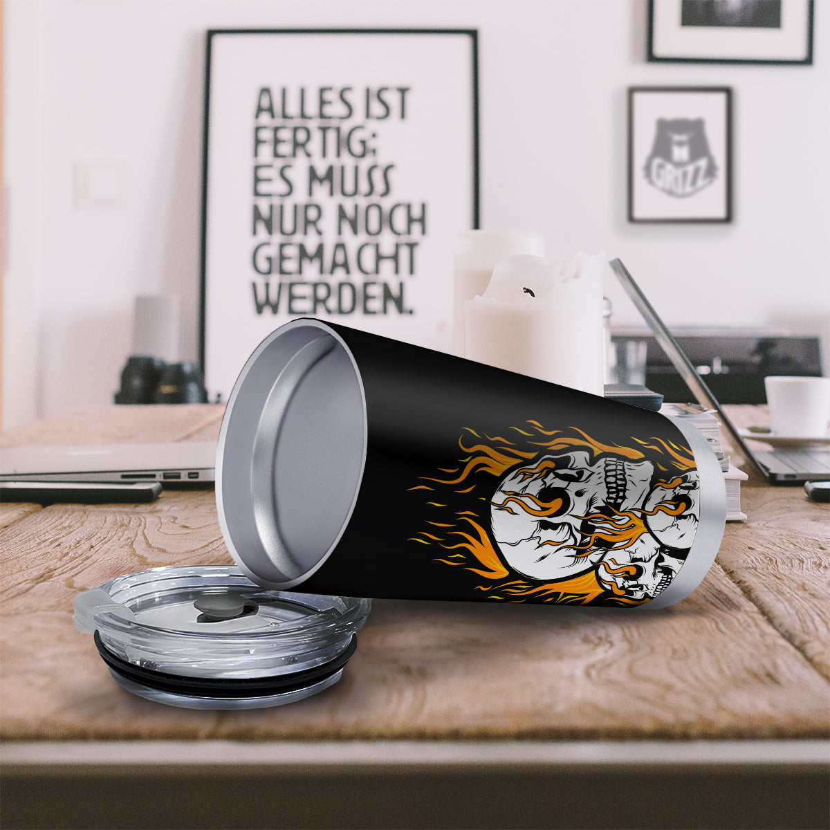 Fire Skull Head Print Tumbler-grizzshop