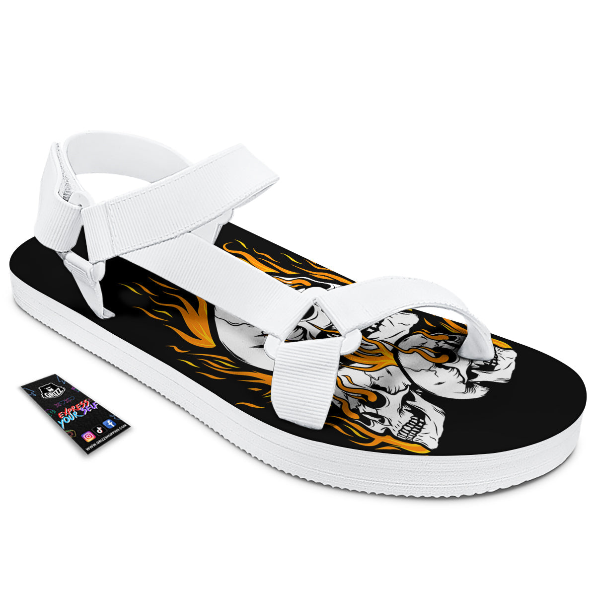 Fire Skull Head Print White Open Toe Sandals-grizzshop