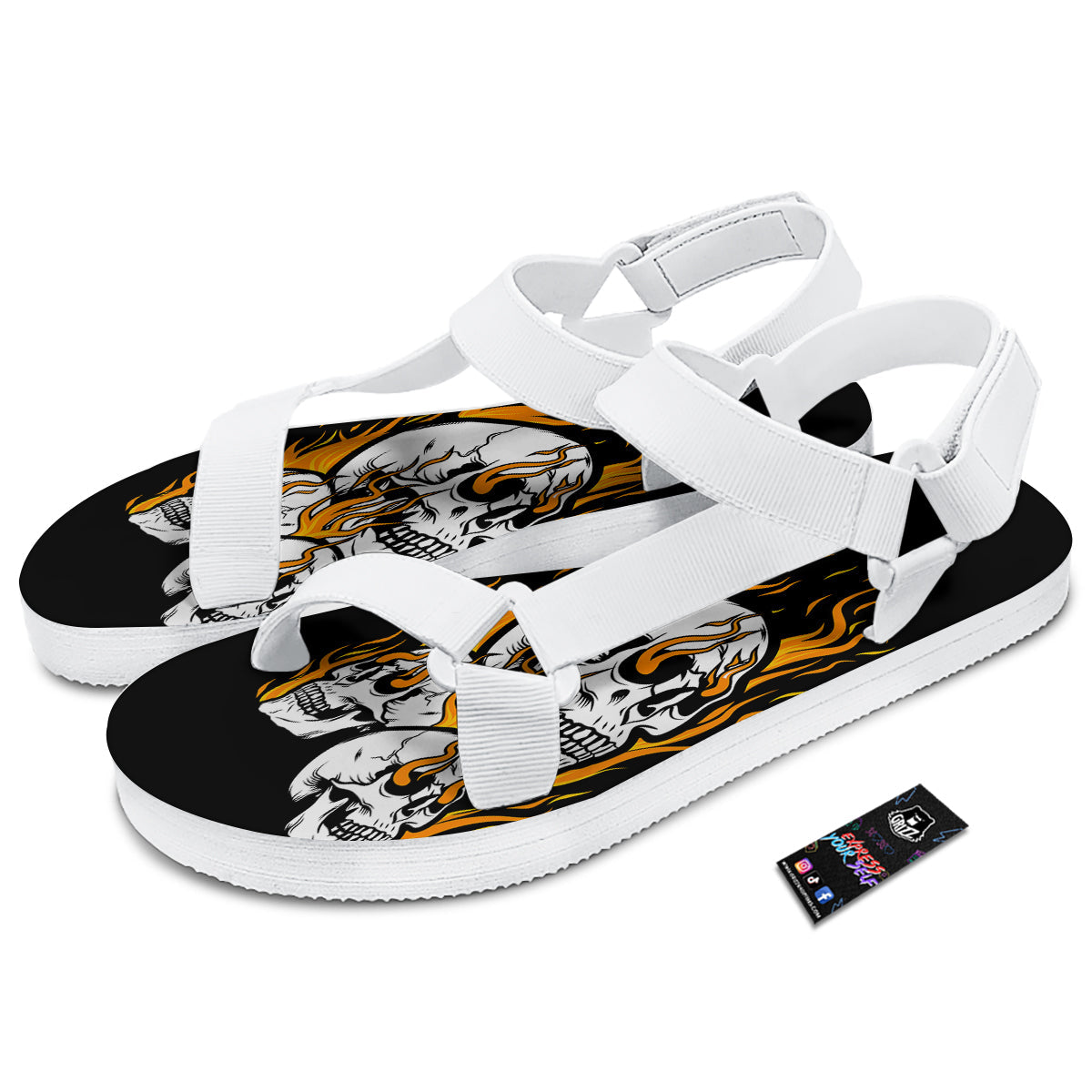 Fire Skull Head Print White Open Toe Sandals-grizzshop