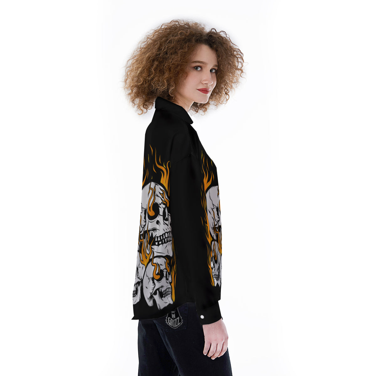 Fire Skull Head Print Women's Long Sleeve Shirts-grizzshop
