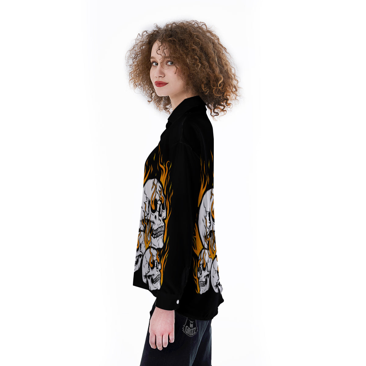 Fire Skull Head Print Women's Long Sleeve Shirts-grizzshop