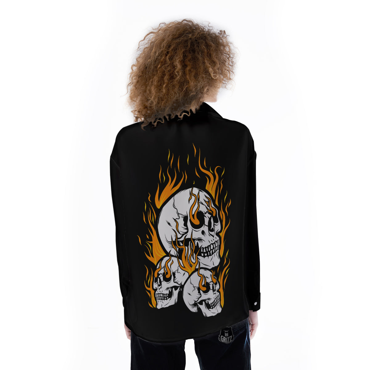 Fire Skull Head Print Women's Long Sleeve Shirts-grizzshop