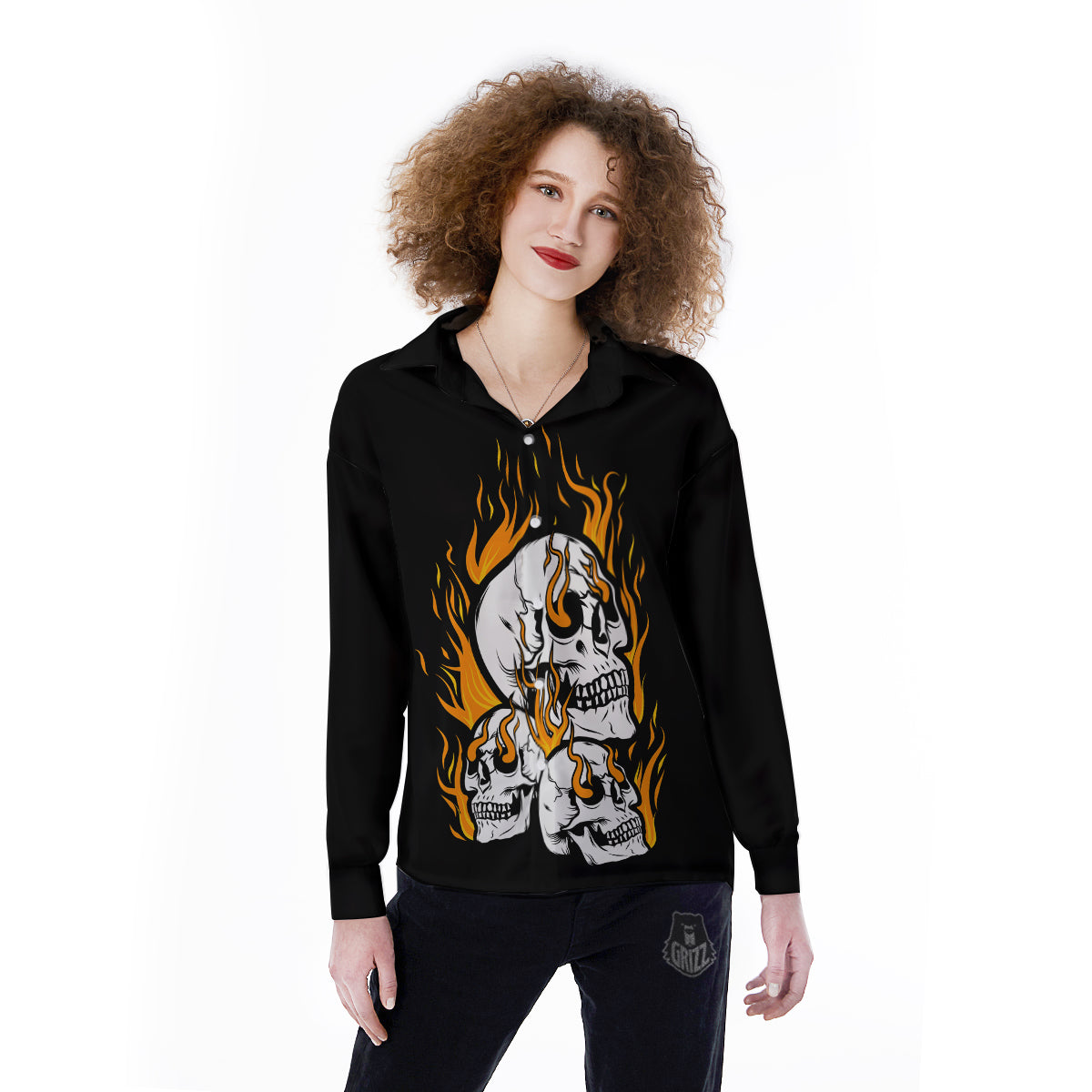 Fire Skull Head Print Women's Long Sleeve Shirts-grizzshop