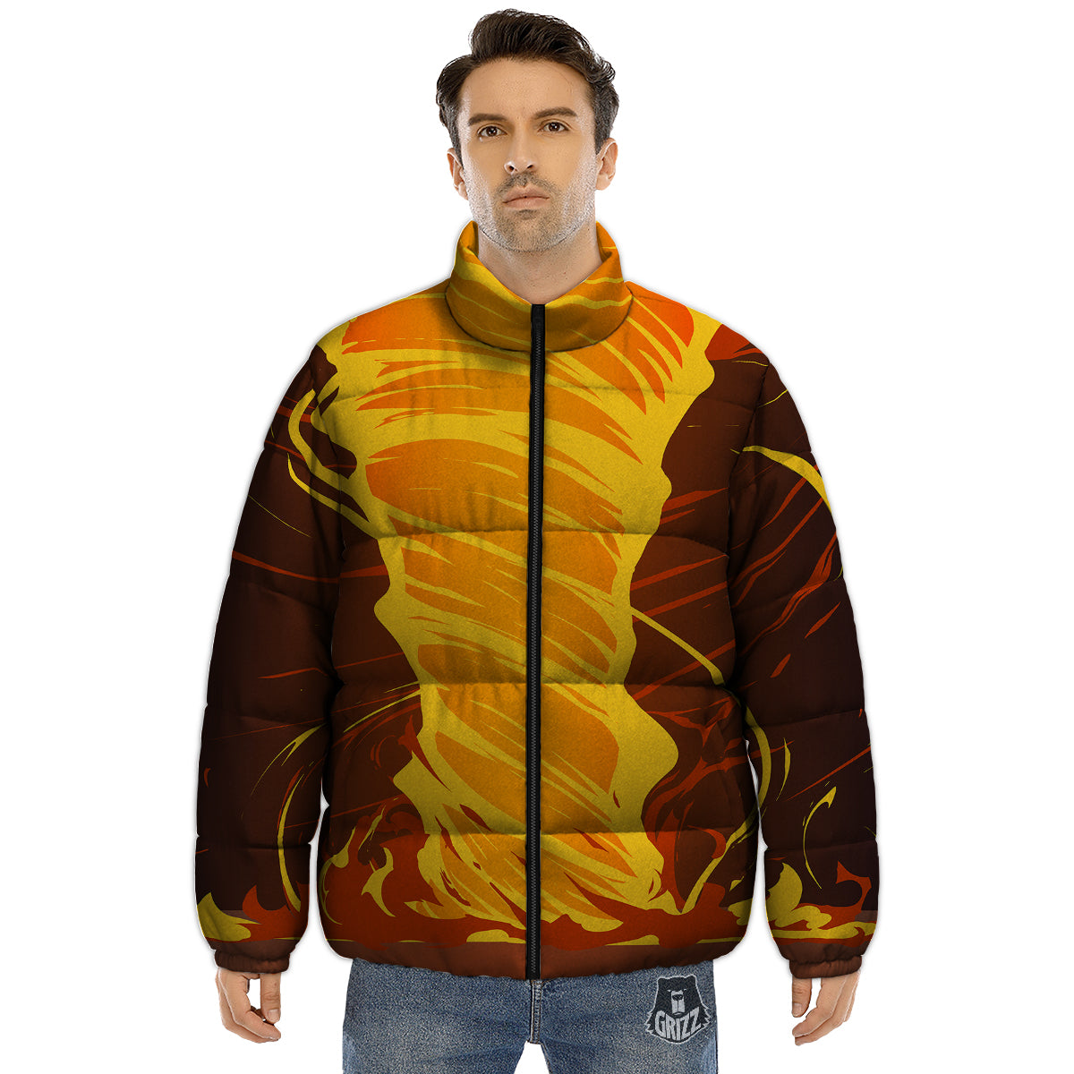 Fire Tornado Print Puffer Jacket-grizzshop