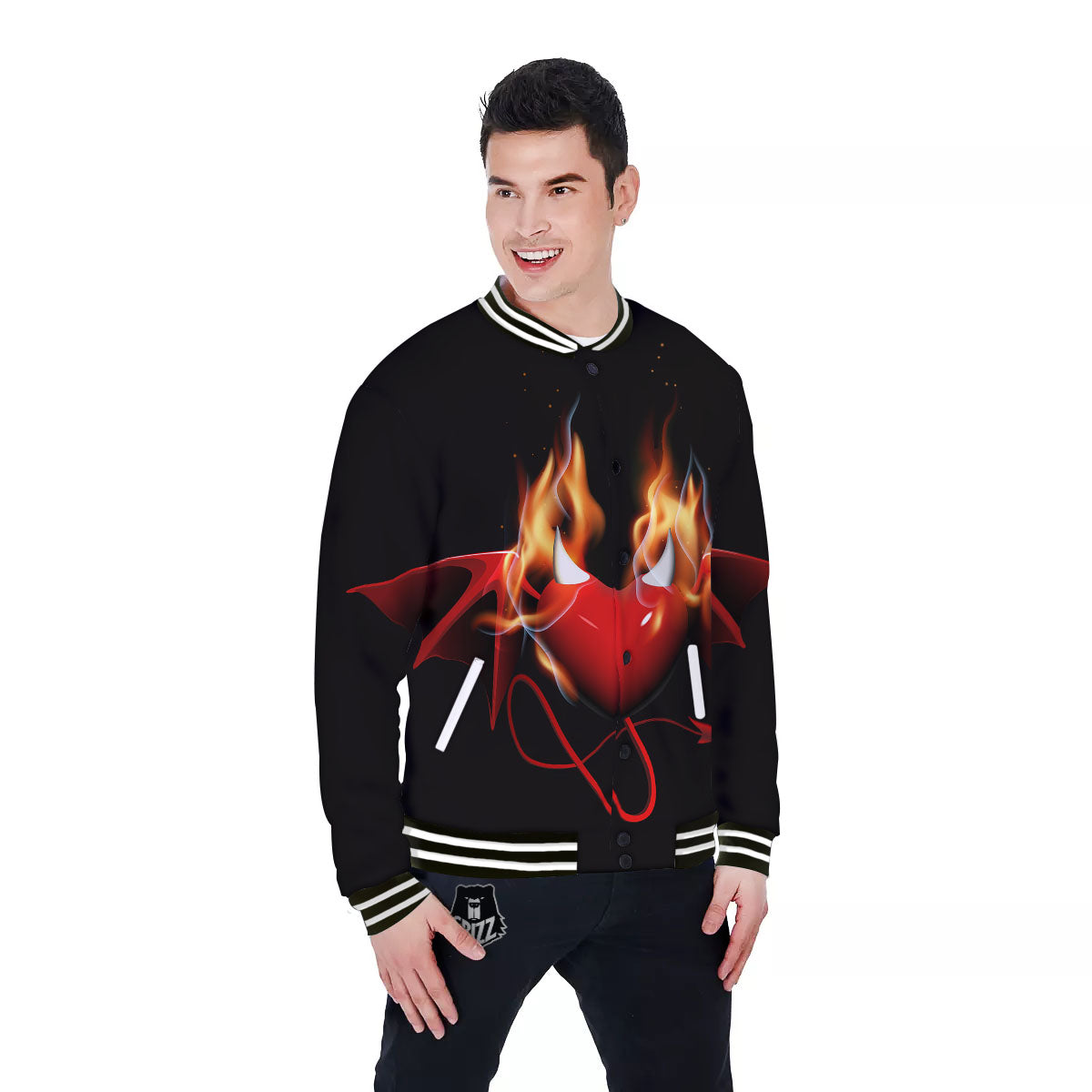 Fire Wings Angel Heart Print Baseball Jacket-grizzshop