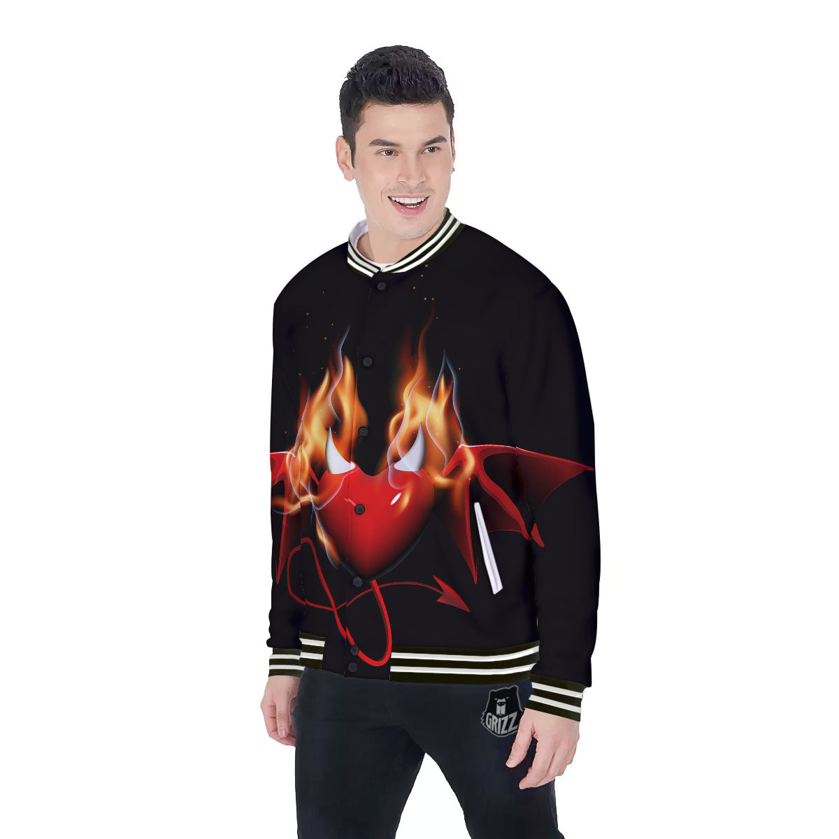 Fire Wings Angel Heart Print Baseball Jacket-grizzshop