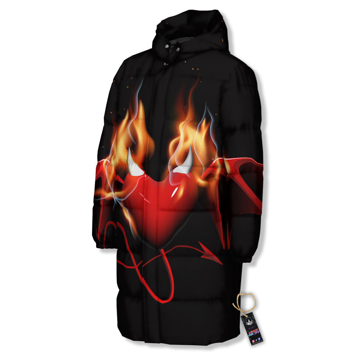Fire Wings Angel Heart Print Long Down Jacket-grizzshop