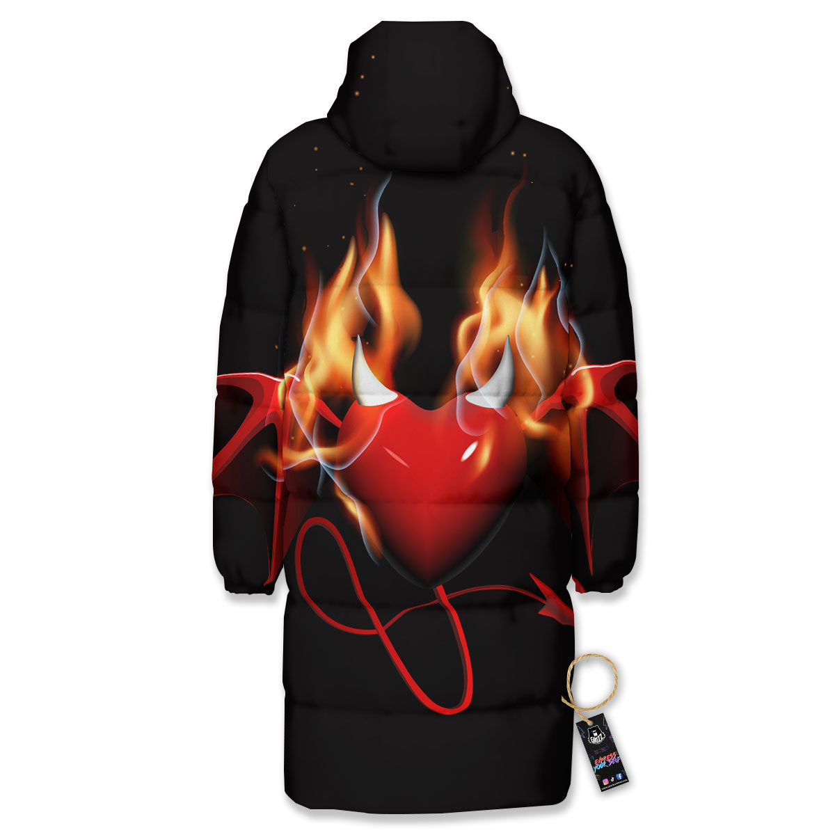 Fire Wings Angel Heart Print Long Down Jacket-grizzshop