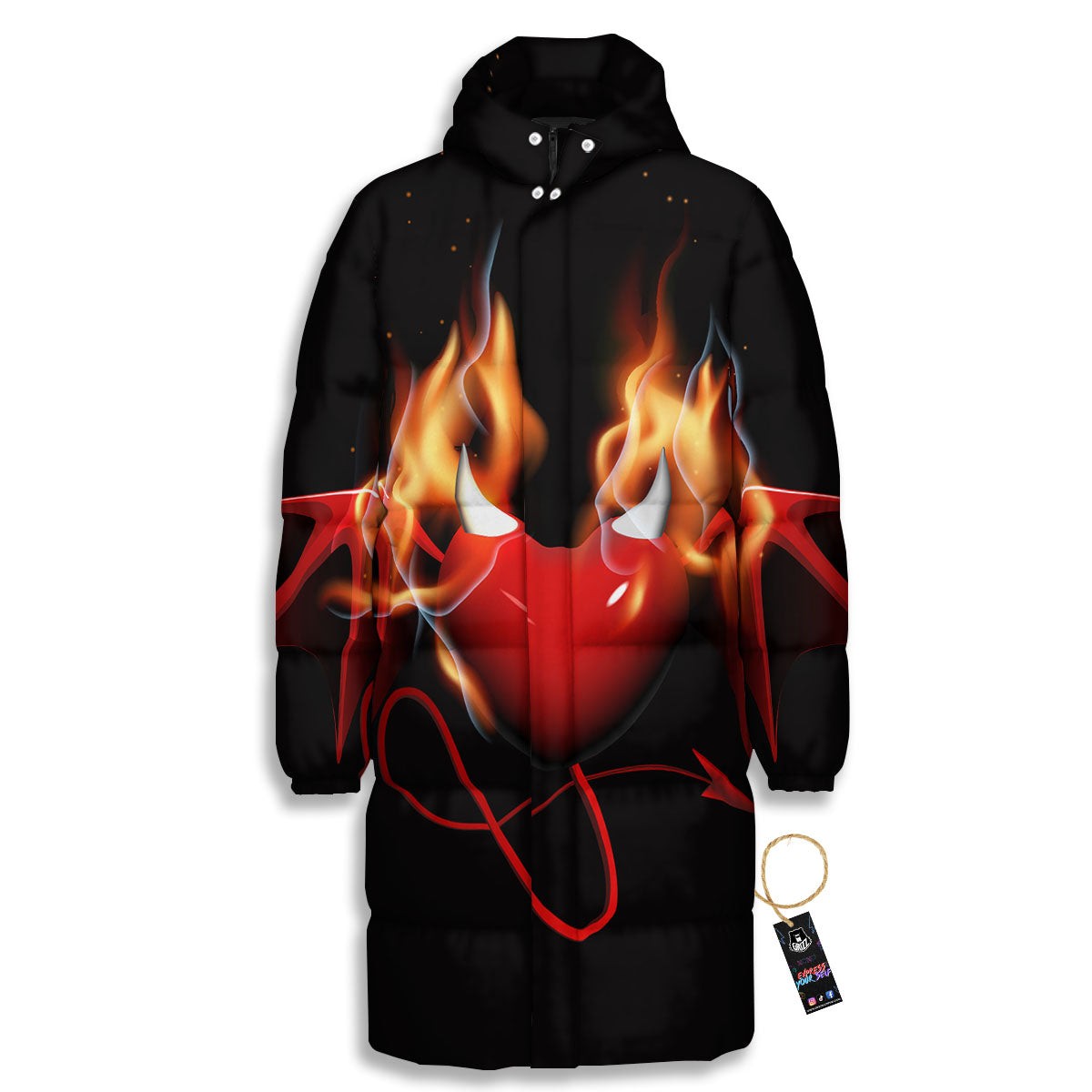 Fire Wings Angel Heart Print Long Down Jacket-grizzshop