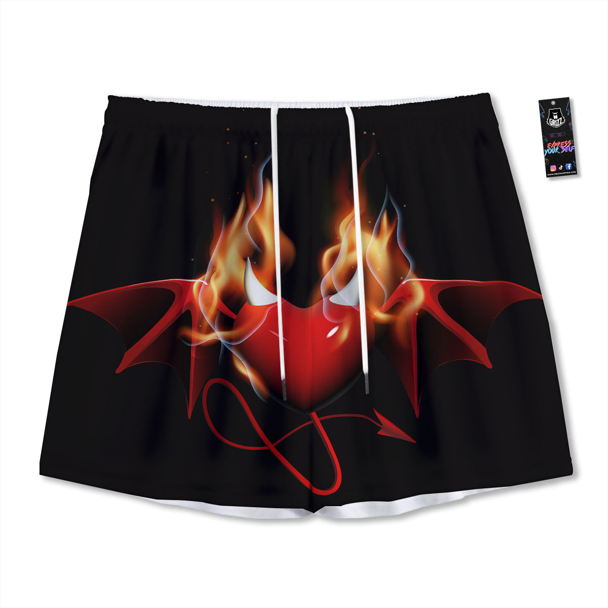 Fire Wings Angel Heart Print Mesh Shorts