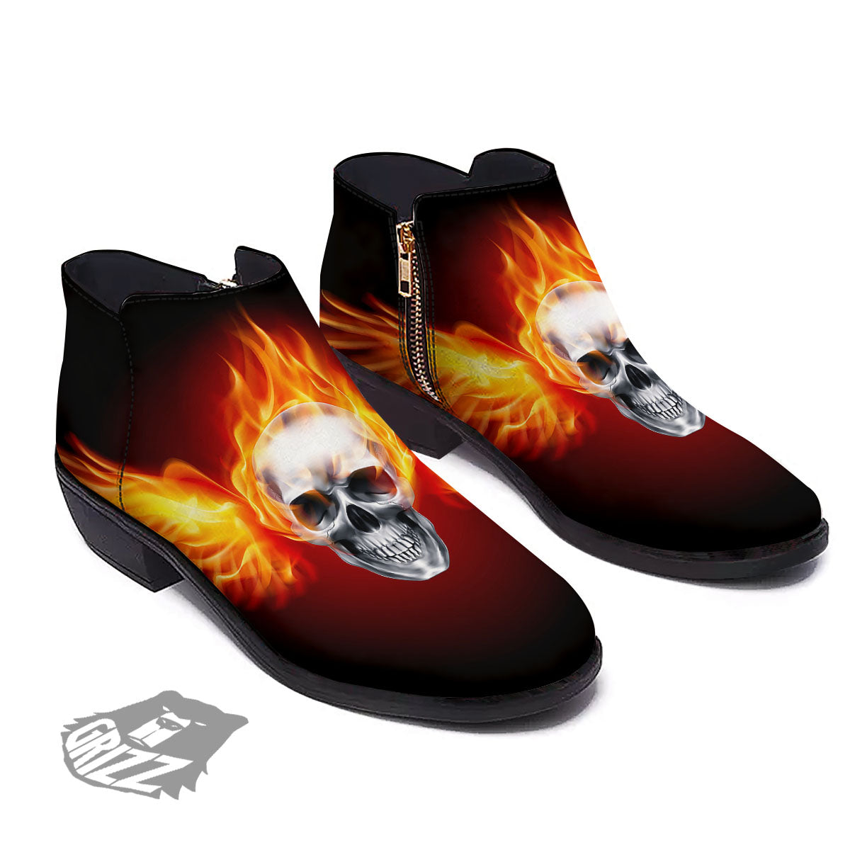 Fire Wings With Flaming Skull Print Ankle Boots-grizzshop