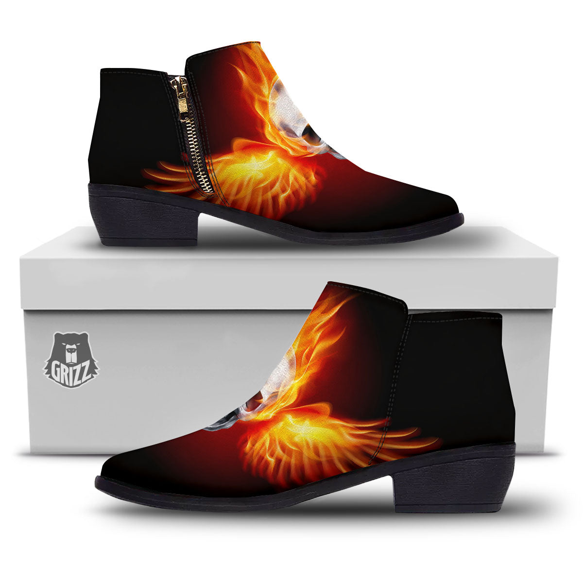 Fire Wings With Flaming Skull Print Ankle Boots-grizzshop