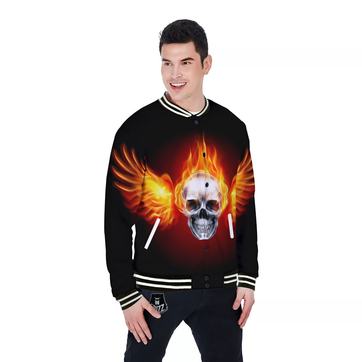 Fire Wings With Flaming Skull Print Baseball Jacket-grizzshop