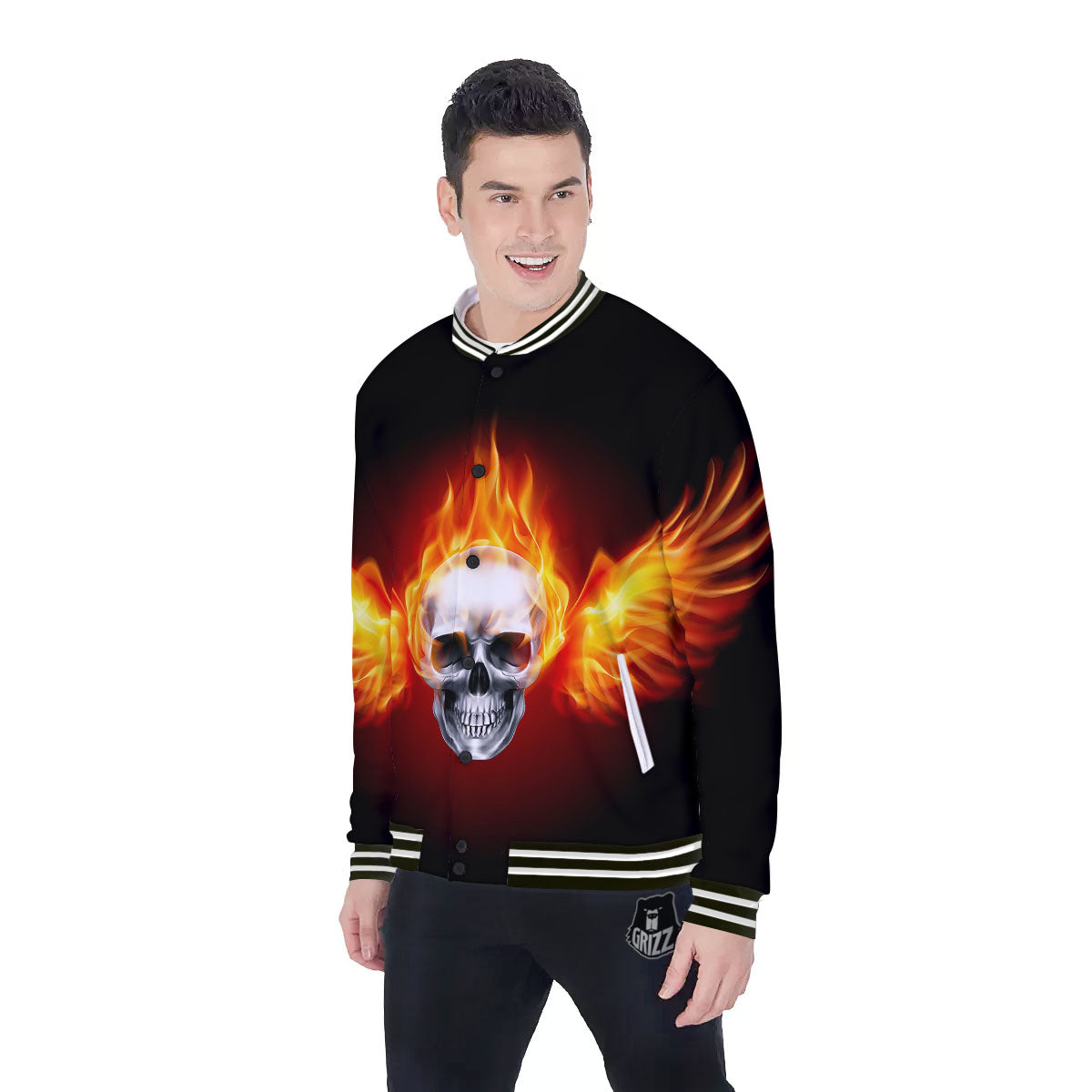 Fire Wings With Flaming Skull Print Baseball Jacket-grizzshop