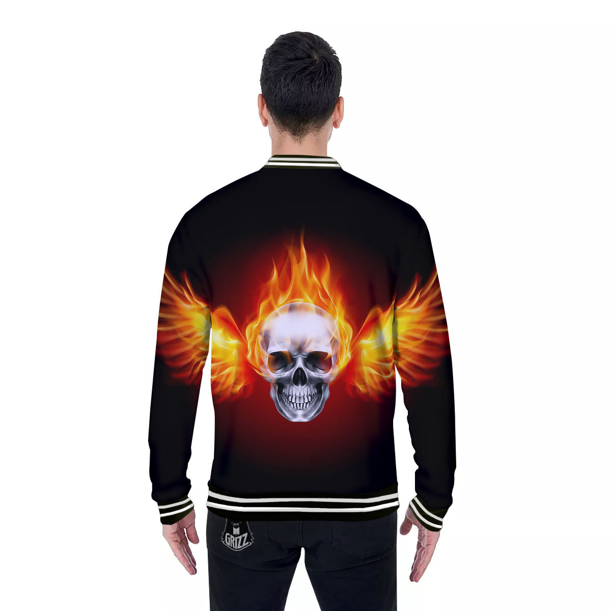 Fire Wings With Flaming Skull Print Baseball Jacket-grizzshop