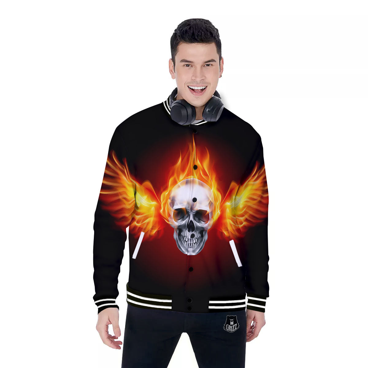 Fire Wings With Flaming Skull Print Baseball Jacket-grizzshop