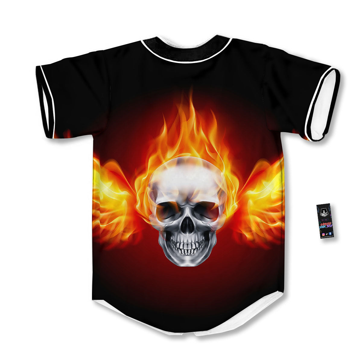 Fire Wings With Flaming Skull Print Baseball Jersey-grizzshop
