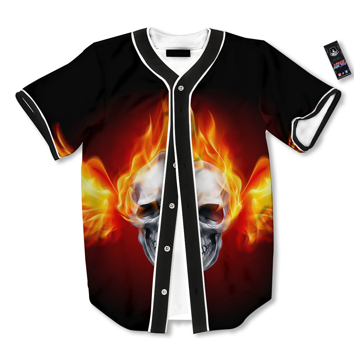 Fire Wings With Flaming Skull Print Baseball Jersey-grizzshop