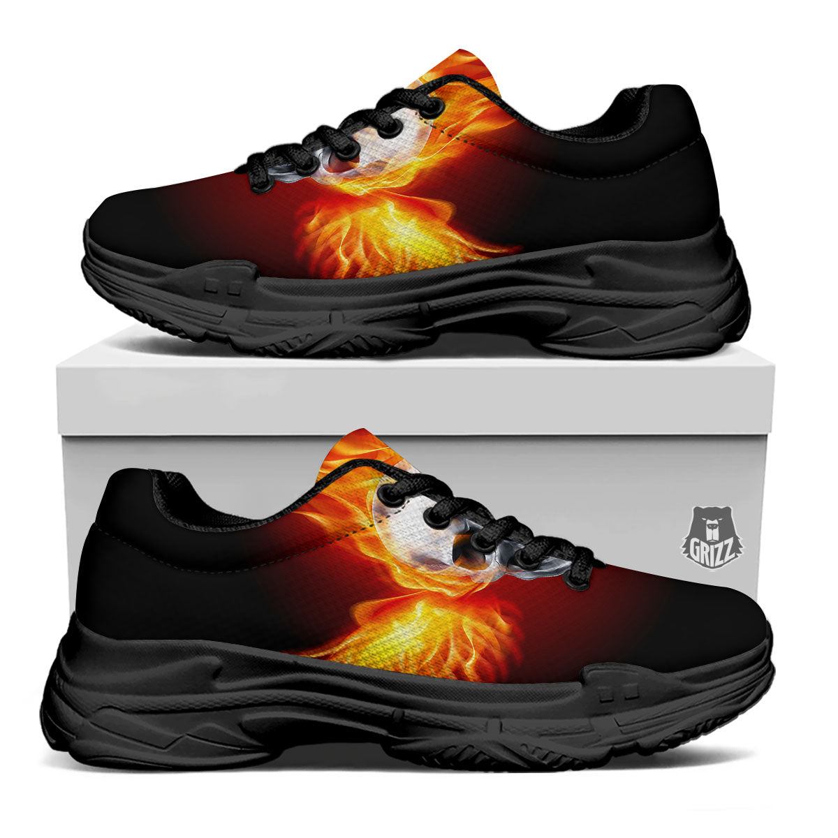 Fire Wings With Flaming Skull Print Black Chunky Shoes-grizzshop