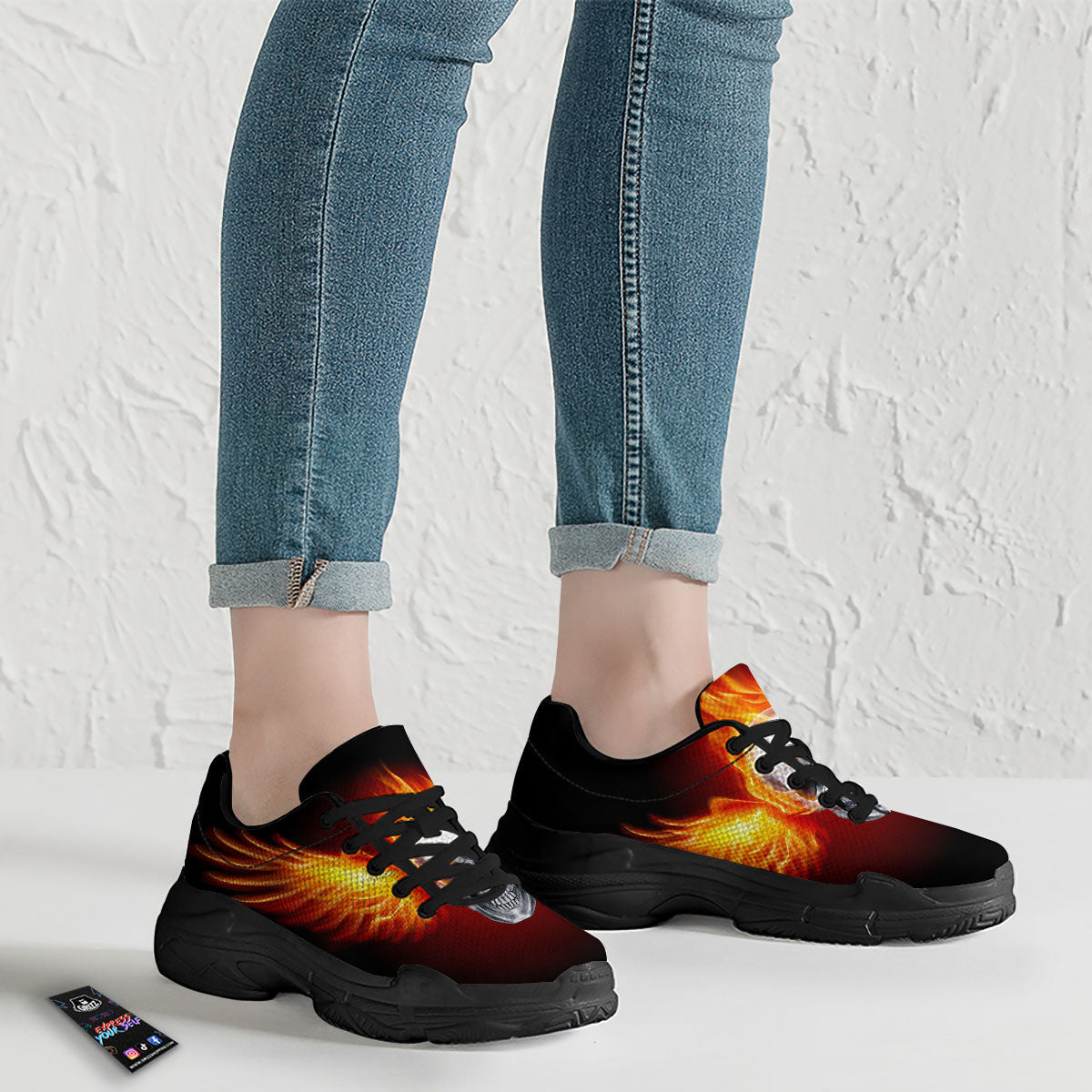 Fire Wings With Flaming Skull Print Black Chunky Shoes-grizzshop