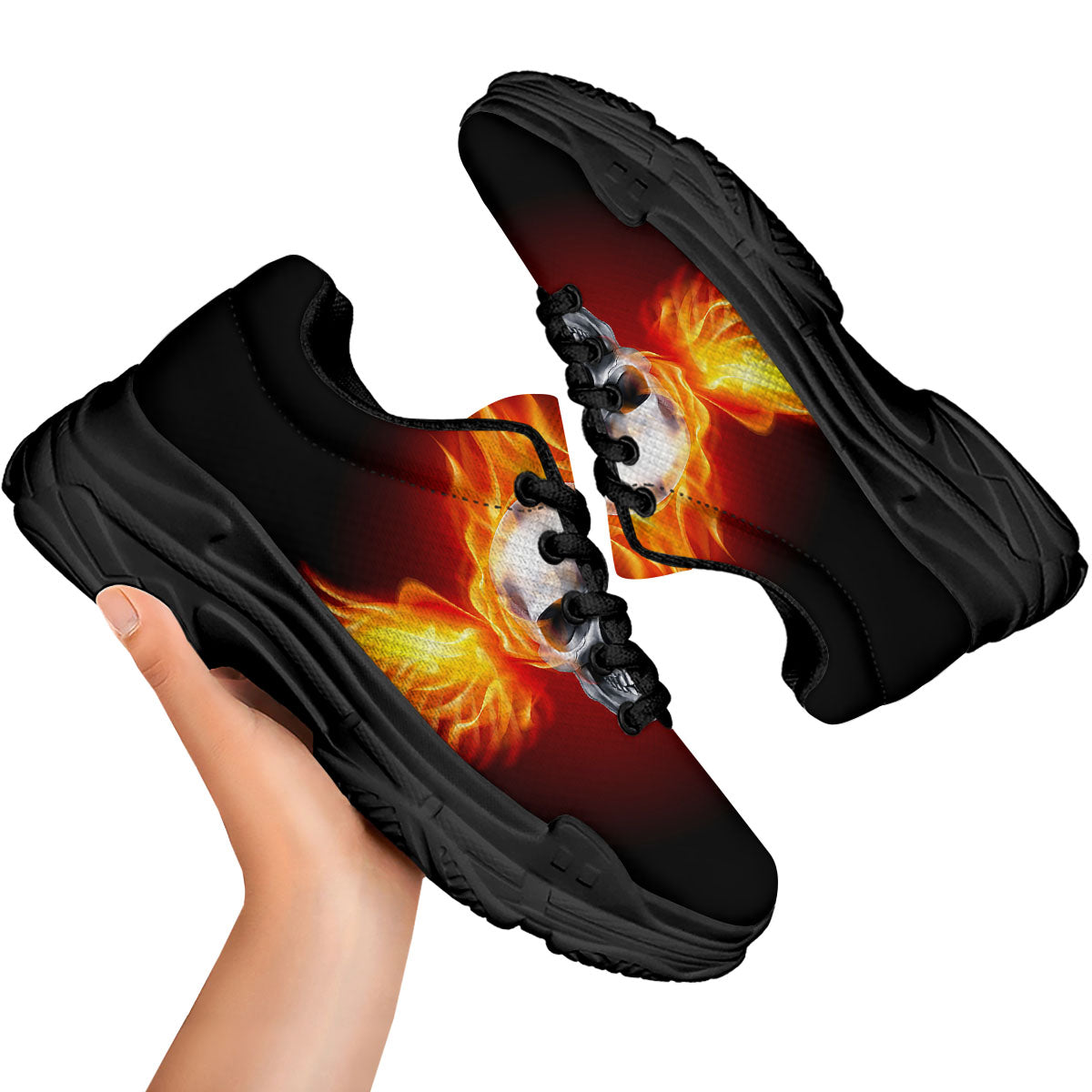 Fire Wings With Flaming Skull Print Black Chunky Shoes-grizzshop