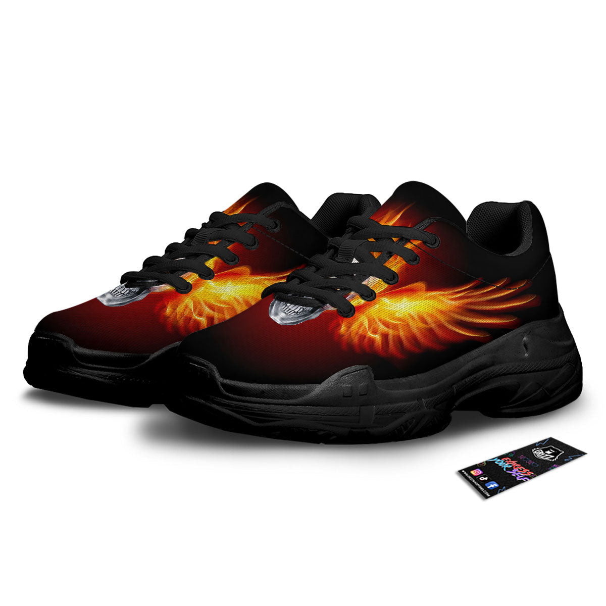 Fire Wings With Flaming Skull Print Black Chunky Shoes-grizzshop