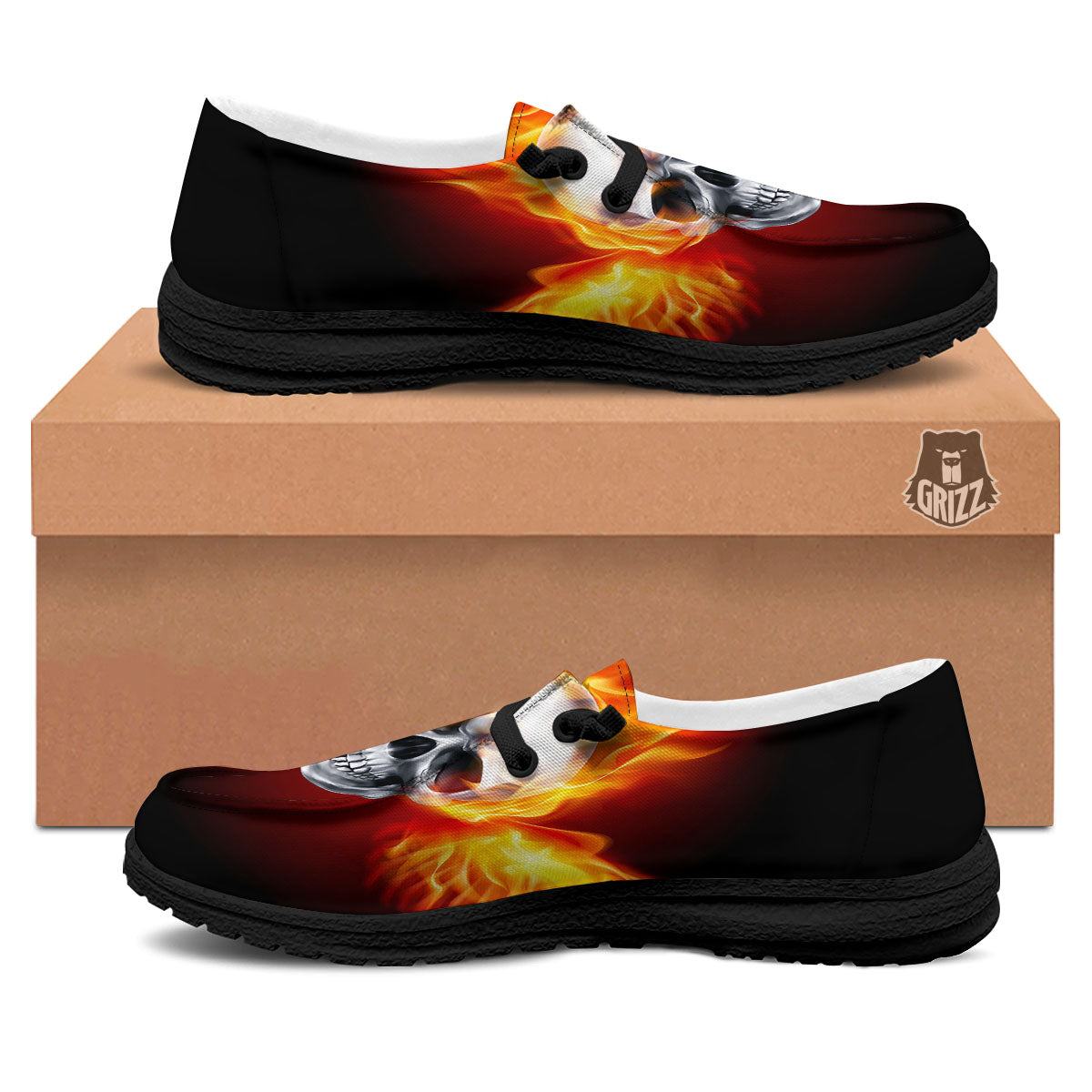 Fire Wings With Flaming Skull Print Black Loafers-grizzshop